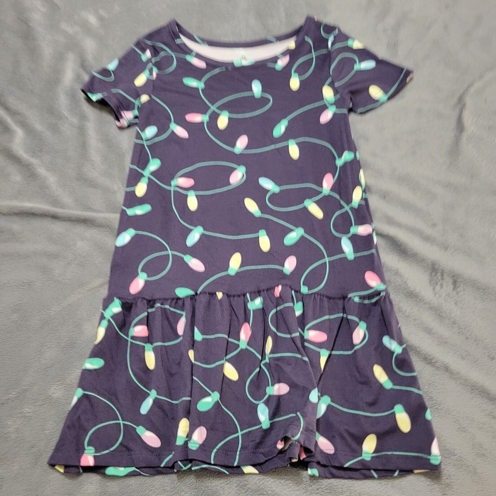 Christmas Dress Girls Xs 4/5 Grey Purple Large Lights A-Line Fit Flare Adorable